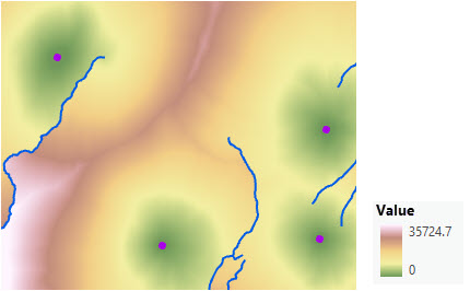 Map of accumulative cost distance from four ranger stations Map of accumulative cost distance from four ranger stations