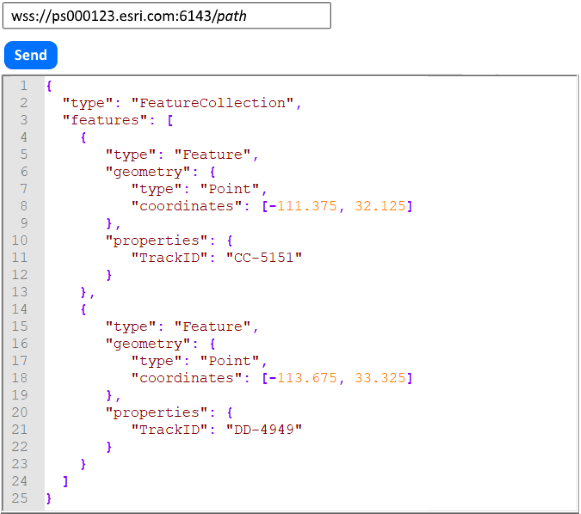 Event data organized as part of a GeoJSON FeatureCollection